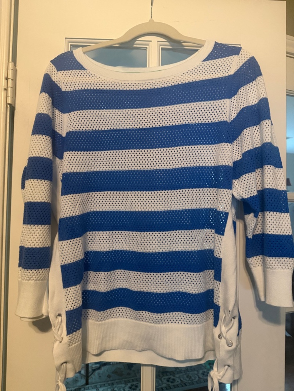 Nautica White and Royal Blue Striped Open-Knit Crewneck Sweater